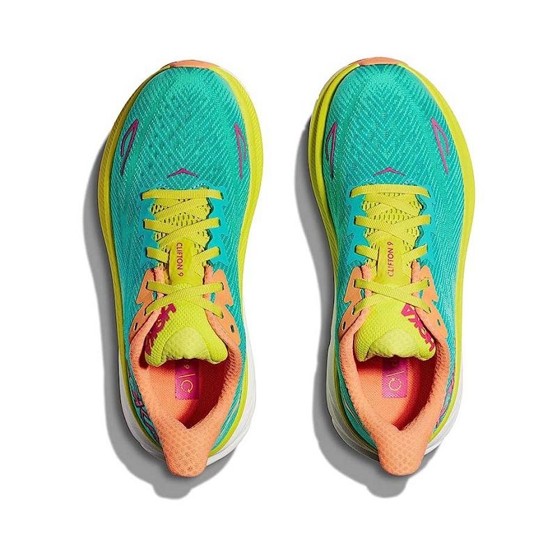 Women Hoka Clifton 9 Road Running Shoes Turquoise Yellow | SG037-206