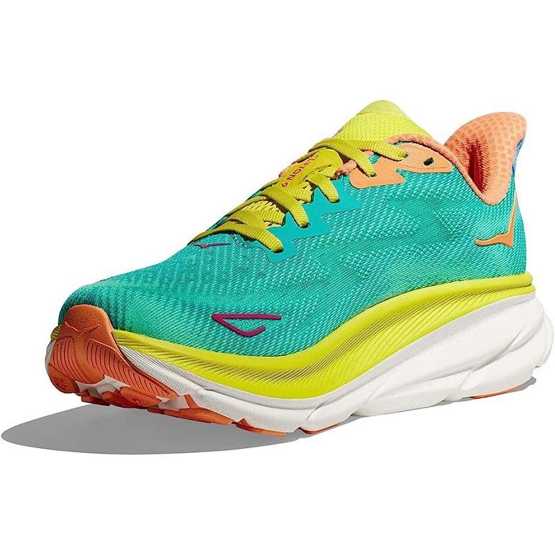 Women Hoka Clifton 9 Road Running Shoes Turquoise Yellow | SG037-206